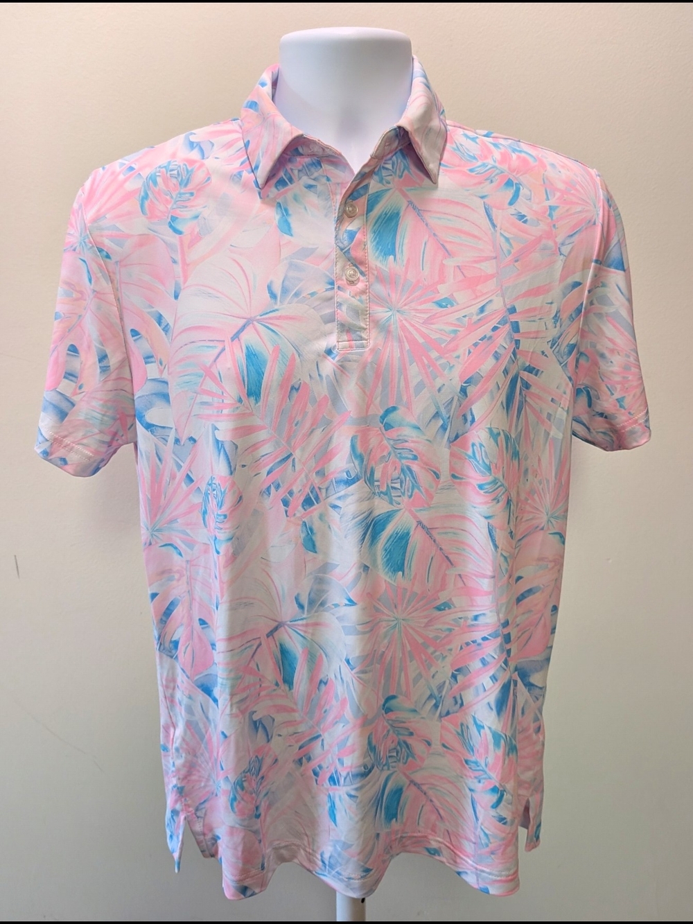 Men's Tropical Leaf Print Polo Shirt - Pink & Blue